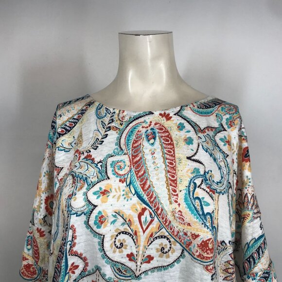 CHICO'S- WOMEN'S 3/XL - WHITE PAISLEY SHORT SLEEVE ROUND NECK LINEN TOP SHIRT - Picture 2 of 8
